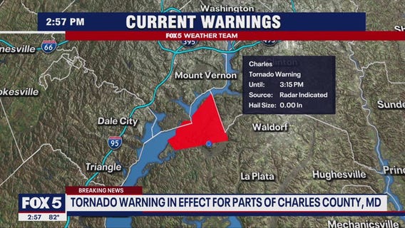 Tornado warning issued for parts of Maryland and DC