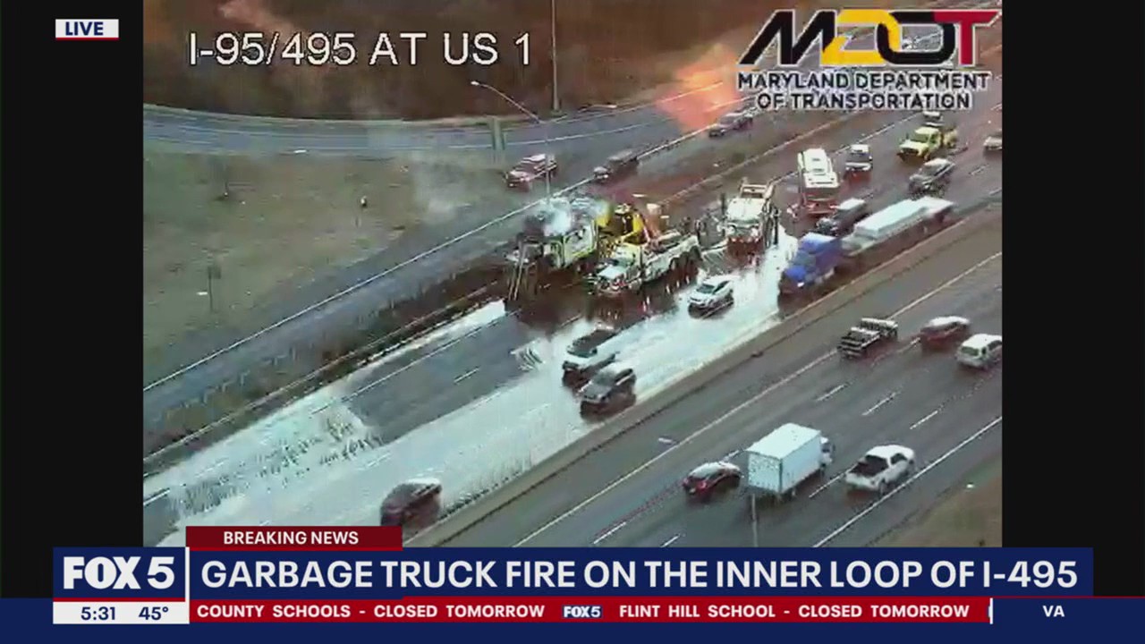 Garbage truck fire causes traffic on I-495 | FOX 5 DC