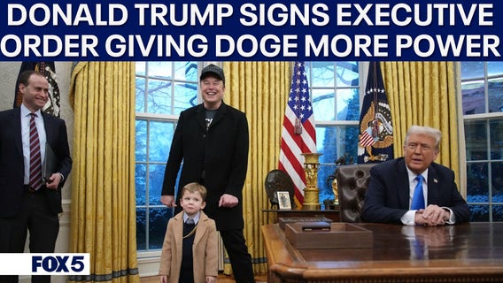 President Donald Trump and Elon Musk discuss DOGE EO