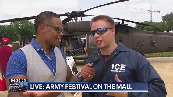Man wearing fake ICE gear talks Army 250th Anniversary