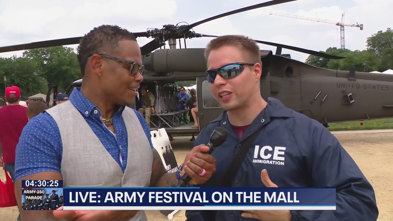 Man wearing fake ICE gear talks Army 250th Anniversary