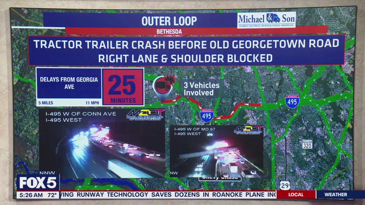 Tractor-trailer crash on I-495 in Bethesda causes Friday delays | FOX 5 DC