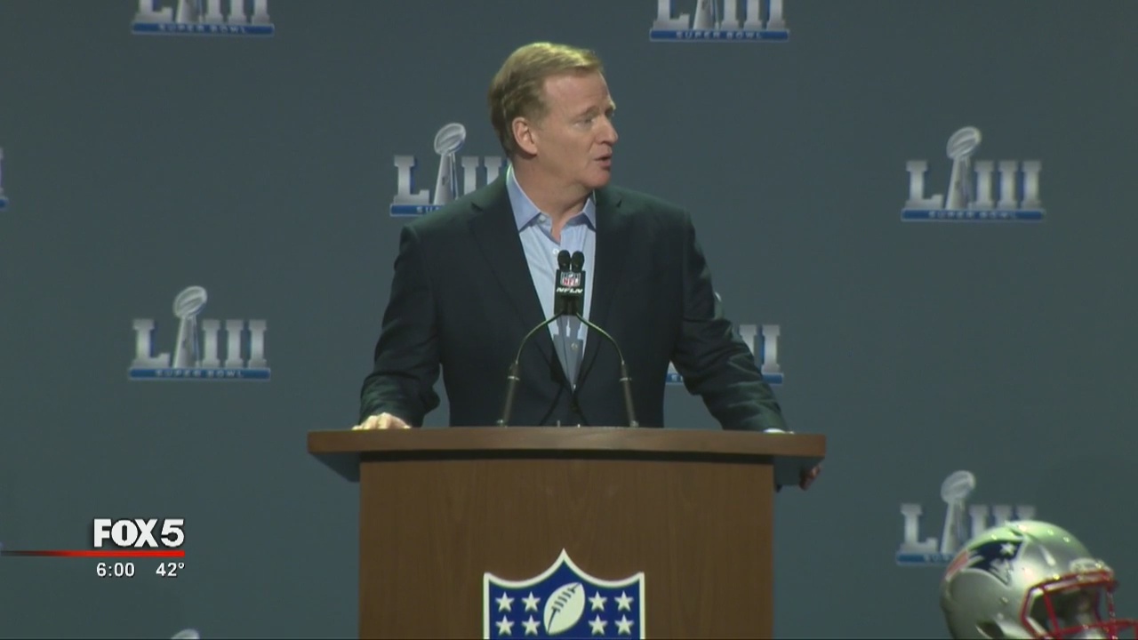 Roger Goodell speaks to the press before Super Bowl