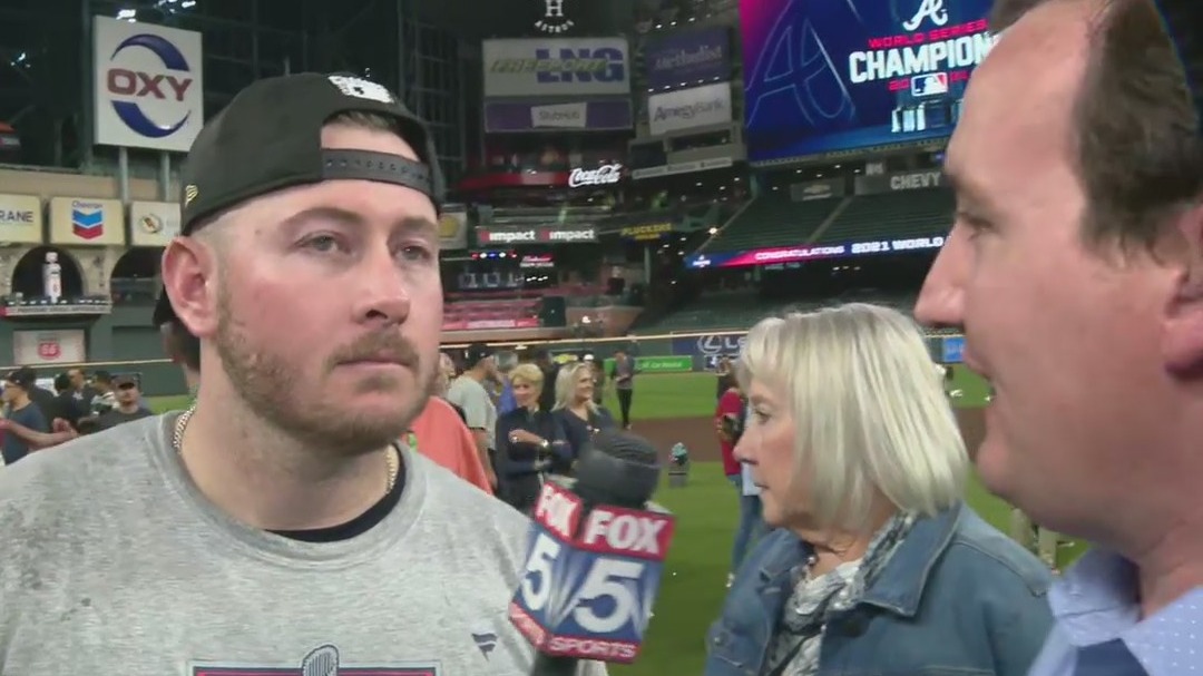 Braves pitcher Tyler Matzek reacts to World Series win