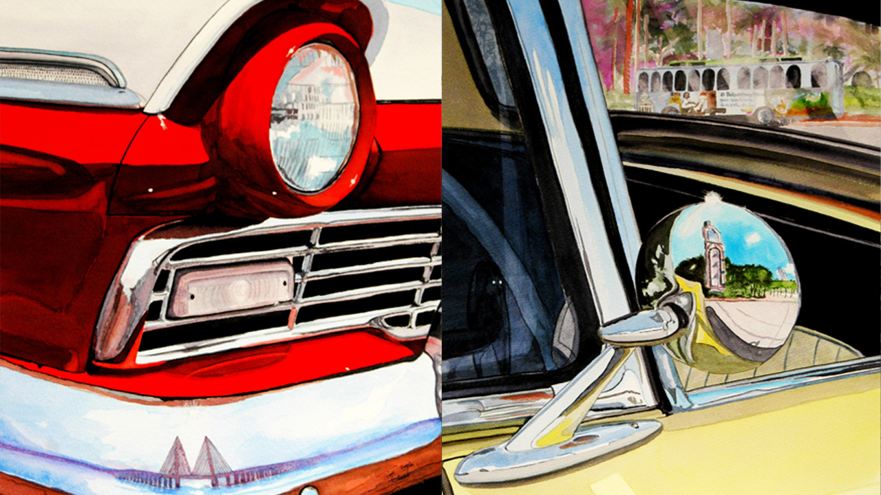 Classic car paintings feature St. Pete landmarks
