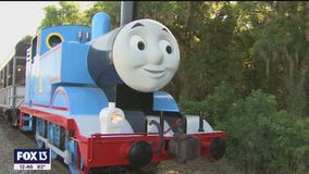 Thomas the Tank Engine and Sir Topham Hatt pull into the Florida Railroad Museum