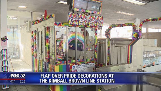 Flap over Pride decorations at CTA station in Chicago