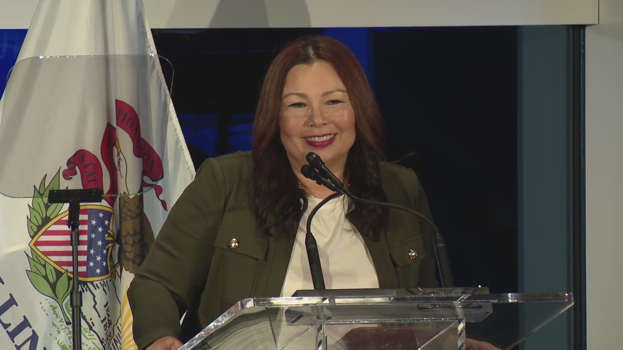 U.S. Sen. Tammy Duckworth delivers remarks after reelection