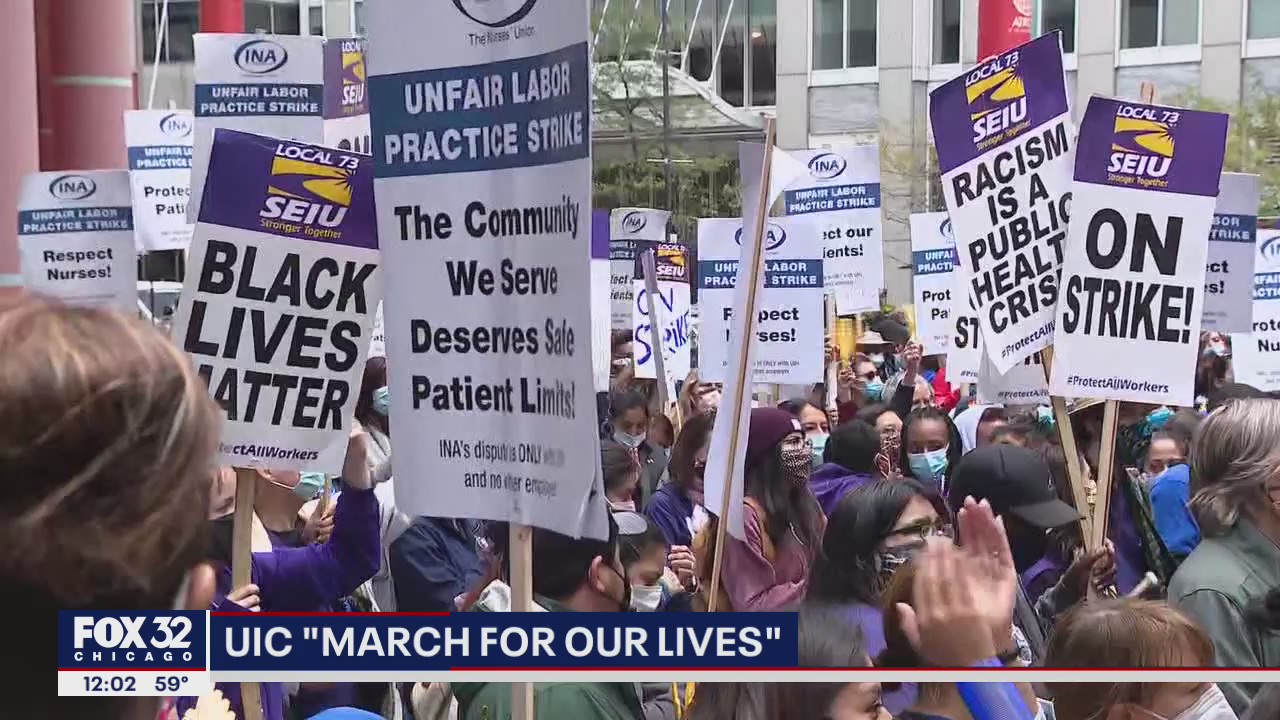 Unions rally at the Thompson Center, calling on Gov. Pritzker to help settle their contract with UIC hospital