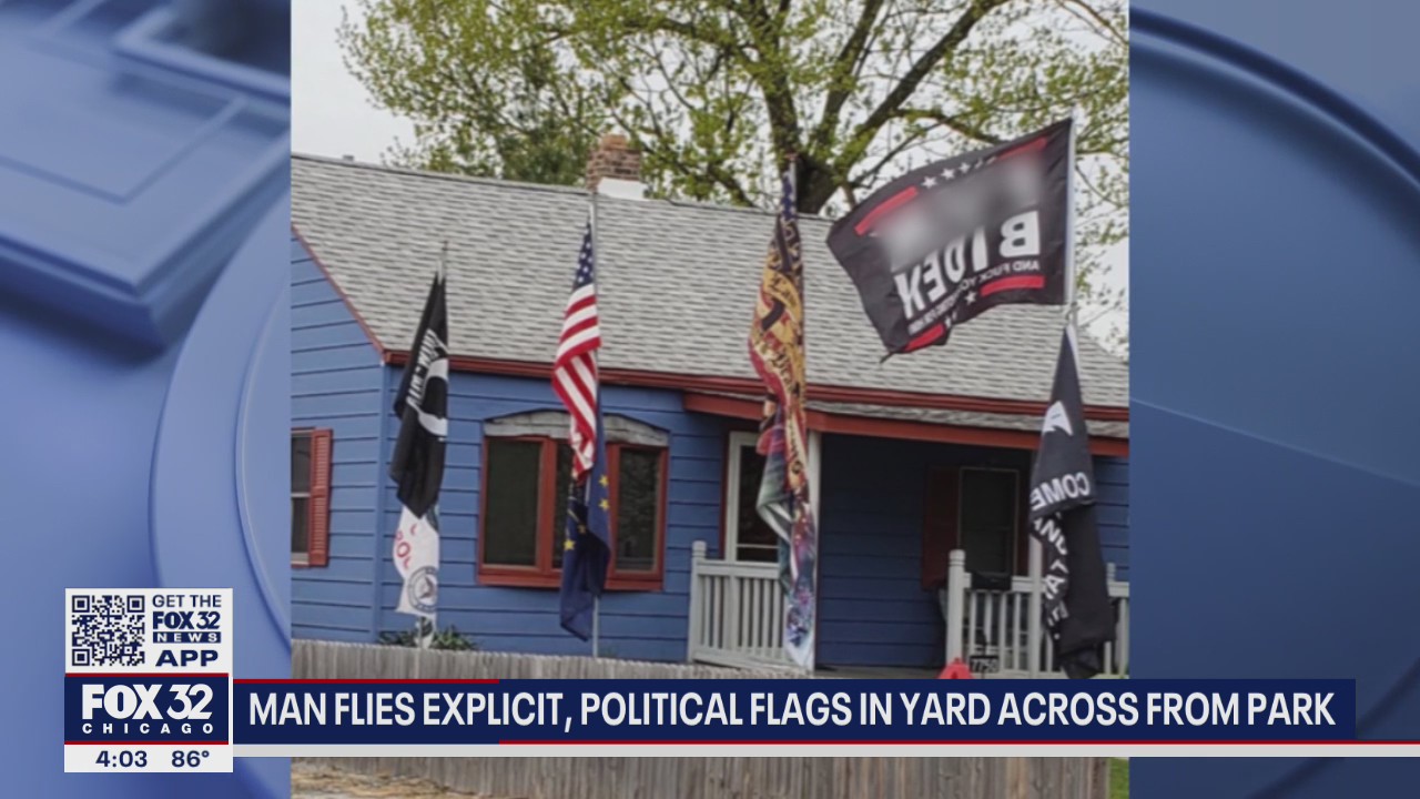 Hammond man flies explicit, political flags in yard across from park