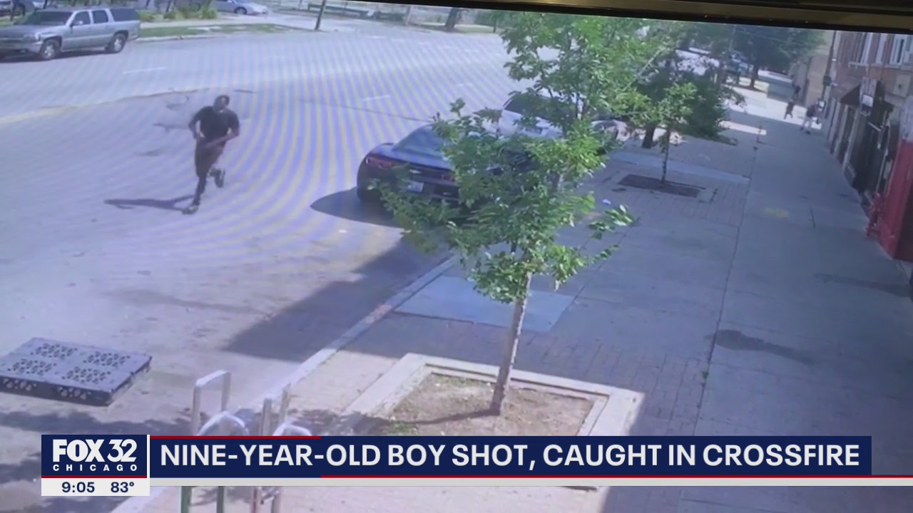 Surveillance video shows people running for cover as shots ring out, striking child