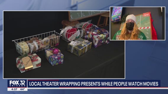 Lincoln Square theater employees wrapping presents for movie-goers