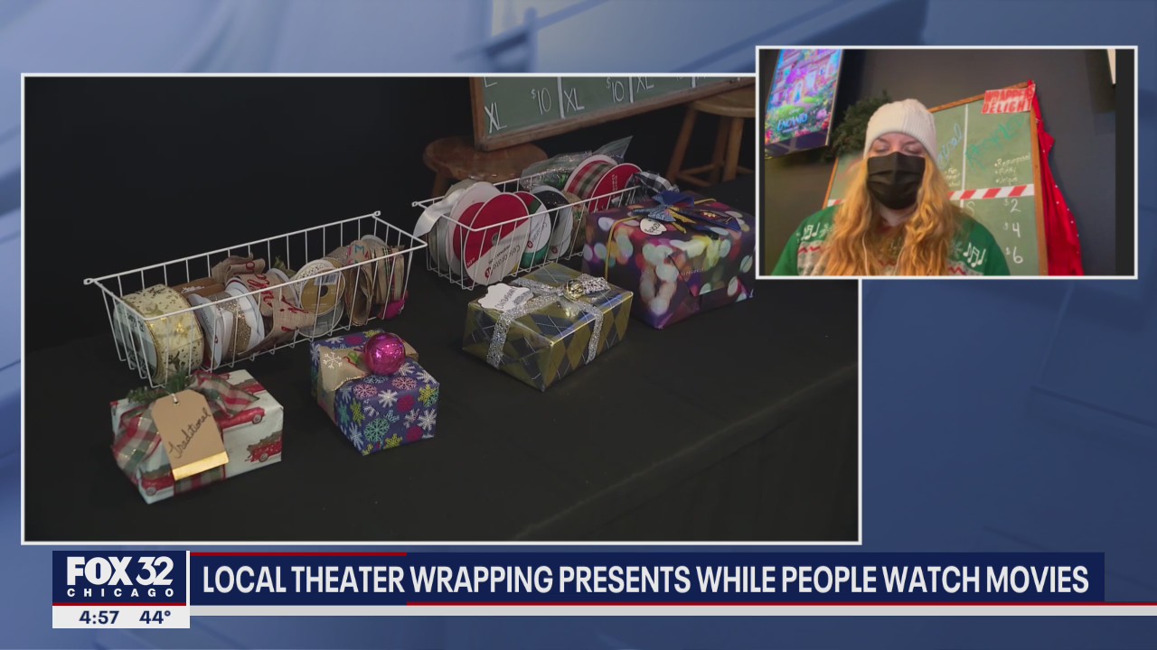 Lincoln Square theater employees wrapping presents for movie-goers