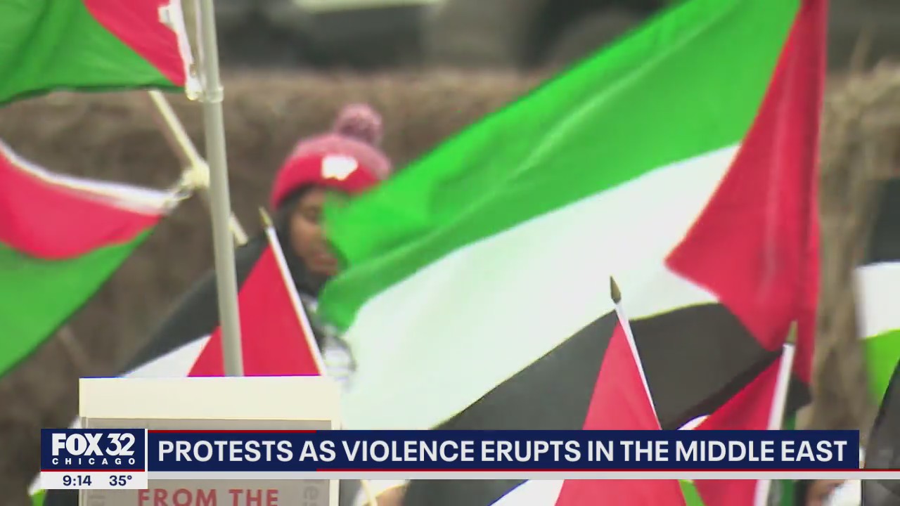 Demonstrators march in Chicago's Loop as violence erupts in the Middle East