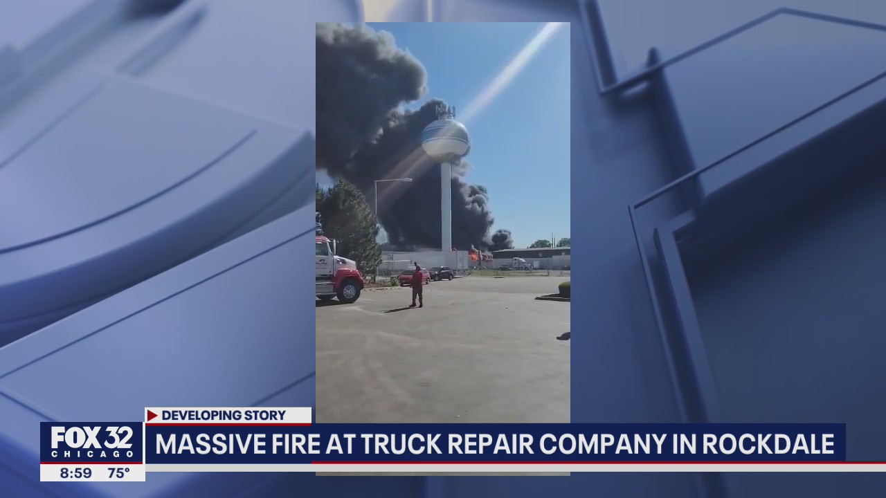 Massive fire erupts at truck repair company in Rockdale