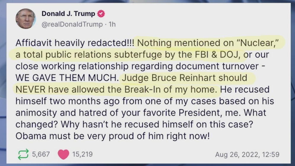 Trump responds after justice department releases redacted Mar-A-Lago search affidavit