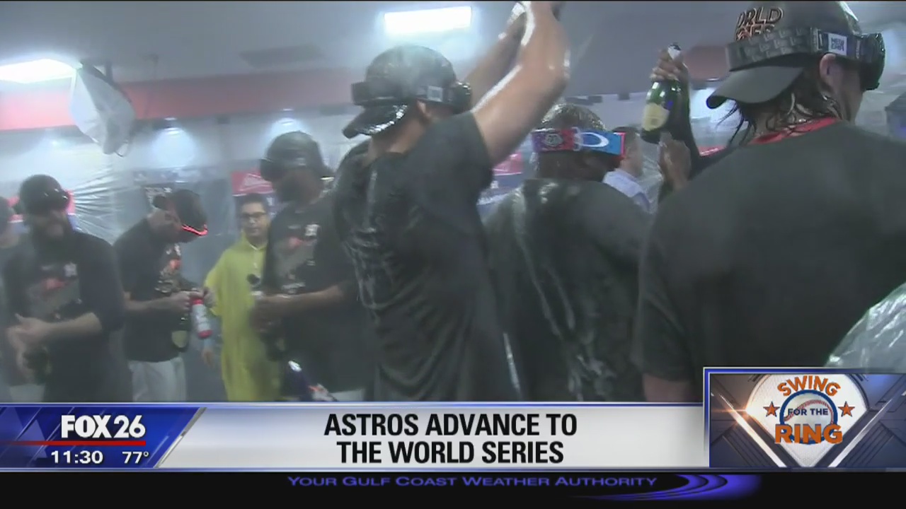 Houston Astros celebrate in the locker room after advancing to the World Series