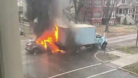 Stolen car bursts into flames after crash with city truck in Chicago