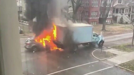 Stolen car bursts into flames after crash with city truck in Chicago