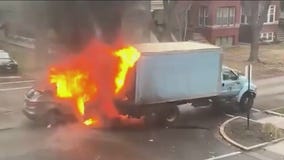 Stolen vehicle bursts into flames after crashing into city truck on North Side