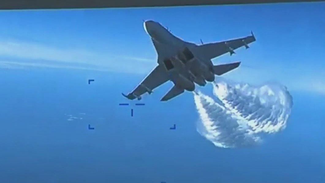 Video released of Russian jet dumping fuel on US drone