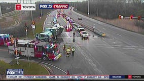 School bus crashes into truck carrying porta-potties in Lake Forest