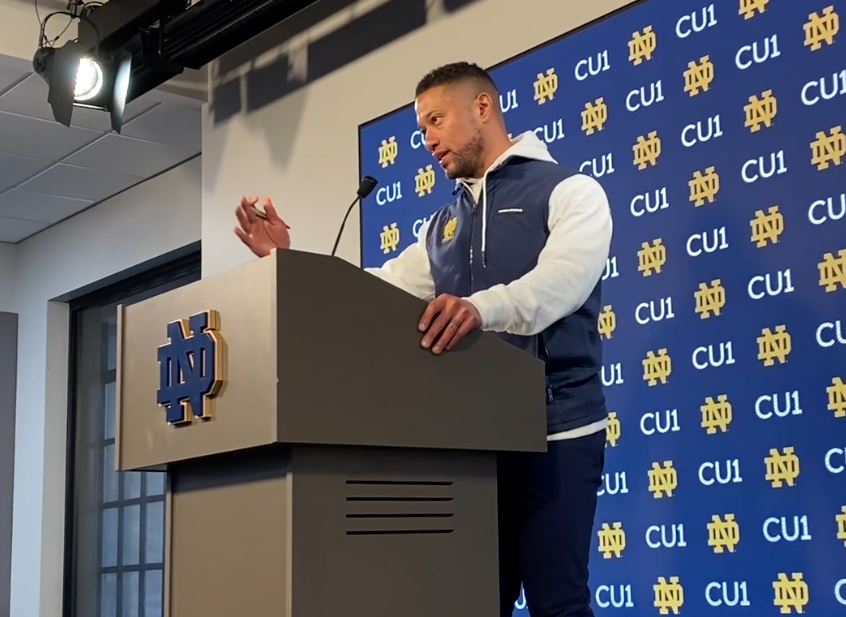Notre Dame head coach Marcus Freeman and run game coordinator Al Washington talk the Irish spring game