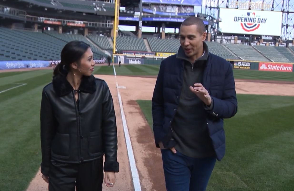 FOX 32's Tina Nguyen walks the bases with White Sox play-by-play announcer John Schriffen
