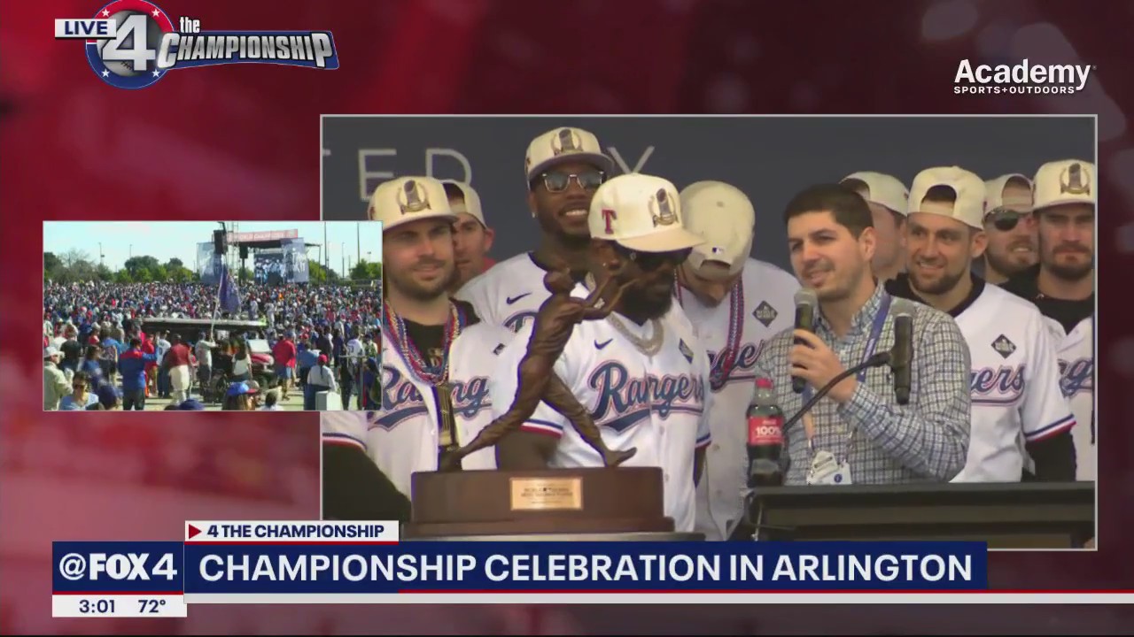 Adolis Garcia addresses crowd at Rangers parade