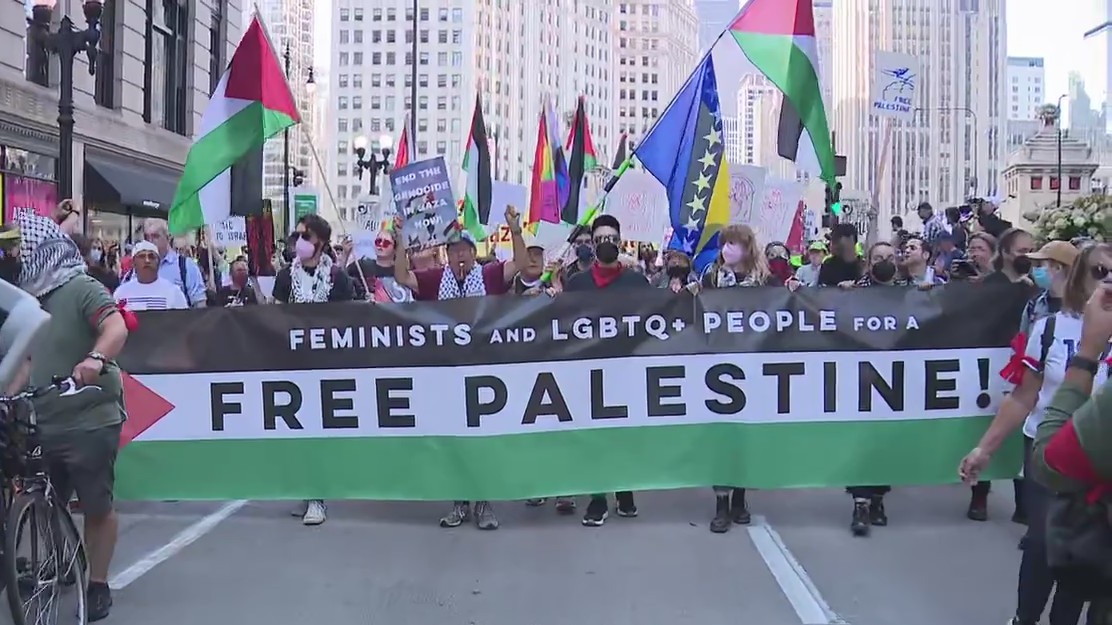 Protesters march in downtown Chicago ahead of DNC