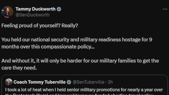 Sen. Tammy Duckworth criticizes Sen. Tommy Tuberville over military promotion holds