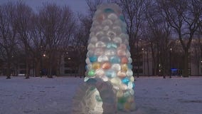 Illinois Institute of Technology students build 12-foot colorful ice tower on campus