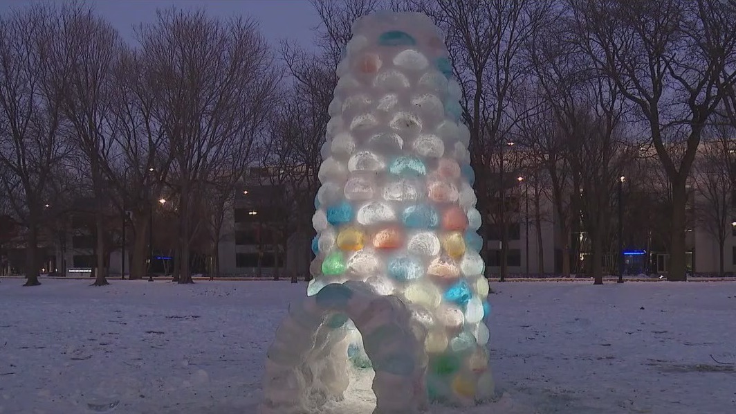 Illinois Institute of Technology students build 12-foot colorful ice tower on campus