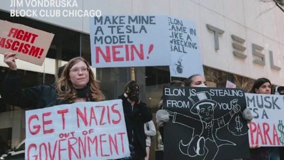 Chicago area Tesla owners charged up to protest Elon Musk