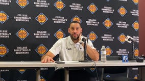 Drew Valentine talks after Loyola basketball's NIT win over Kent State