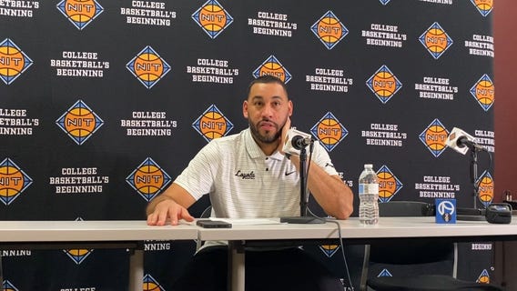 Drew Valentine talks after Loyola basketball's NIT win over Kent State