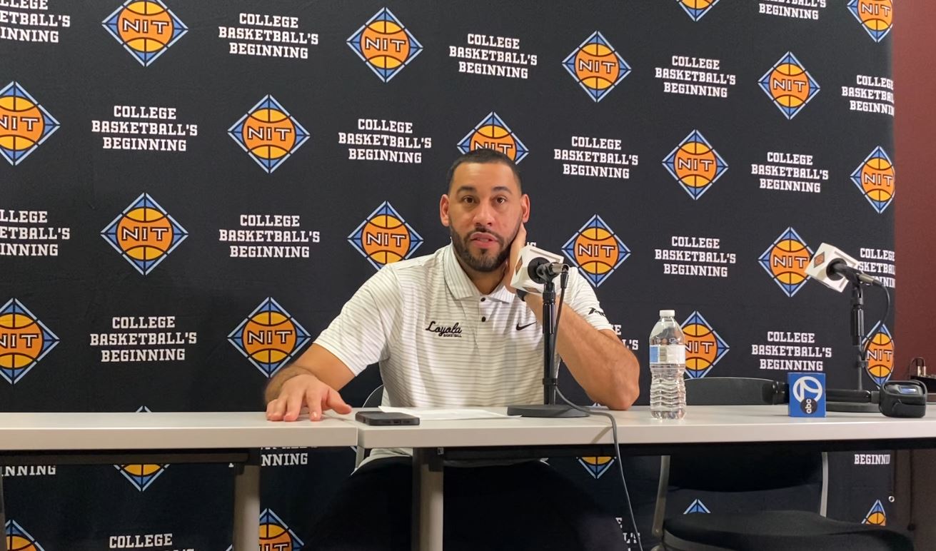 Drew Valentine talks after Loyola basketball's NIT win over Kent State