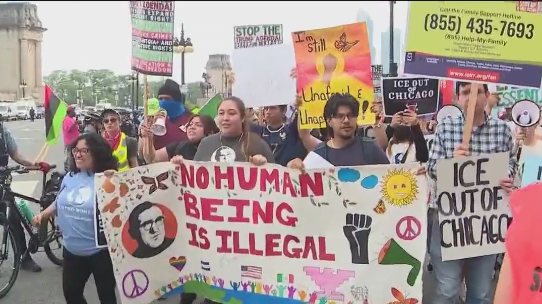 Anti-ICE demonstrators take to the streets in downtown Chicago