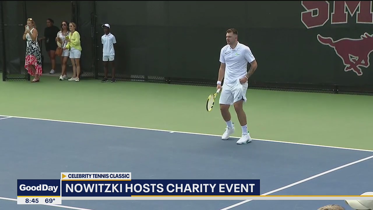 Luka Doncic competes in Dirk Nowitzki's Celebrity Tennis Classic