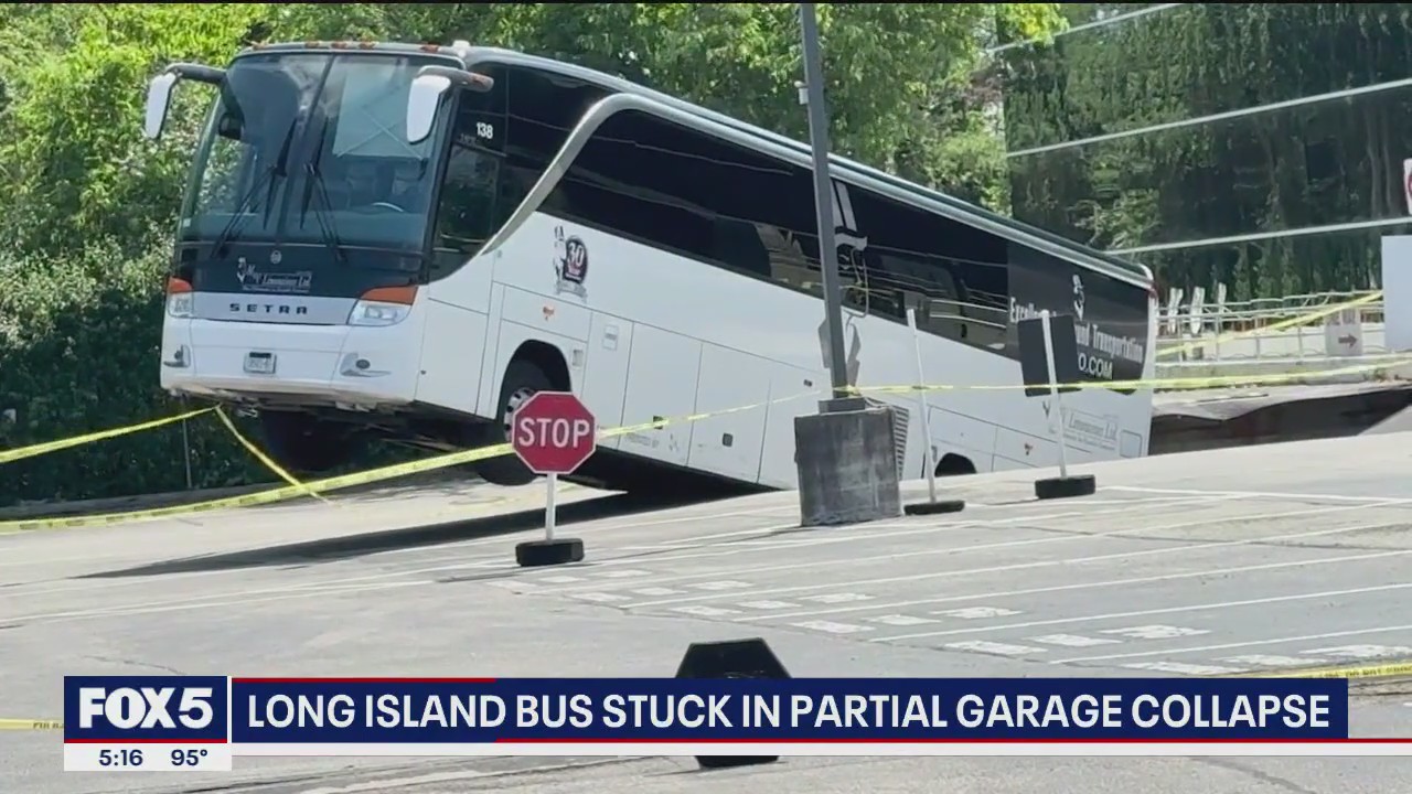 Cars remain trapped after bus falls through LI parking garage