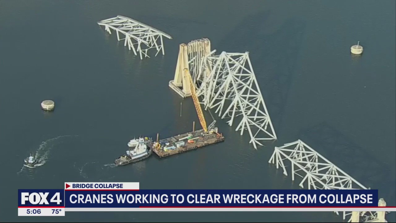 Cranes work to clear wreckage from bridge collapse | FOX 4 Dallas-Fort ...
