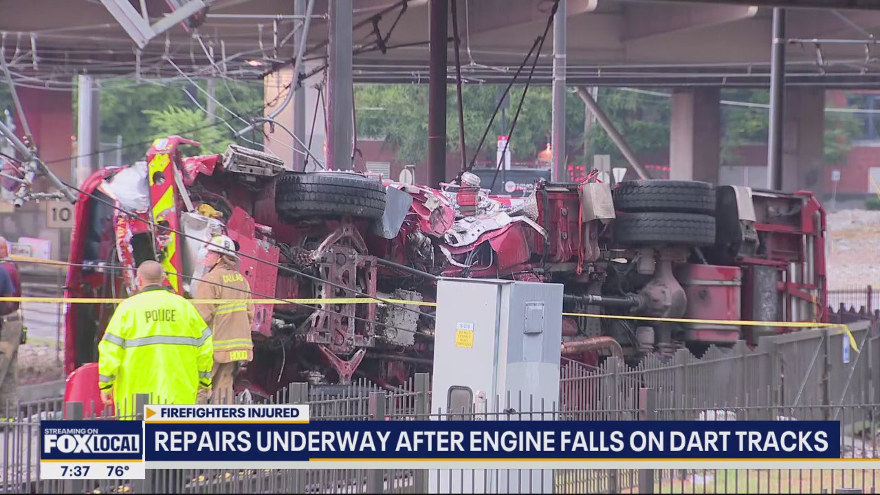 Fire engine falls on DART tracks in Dallas