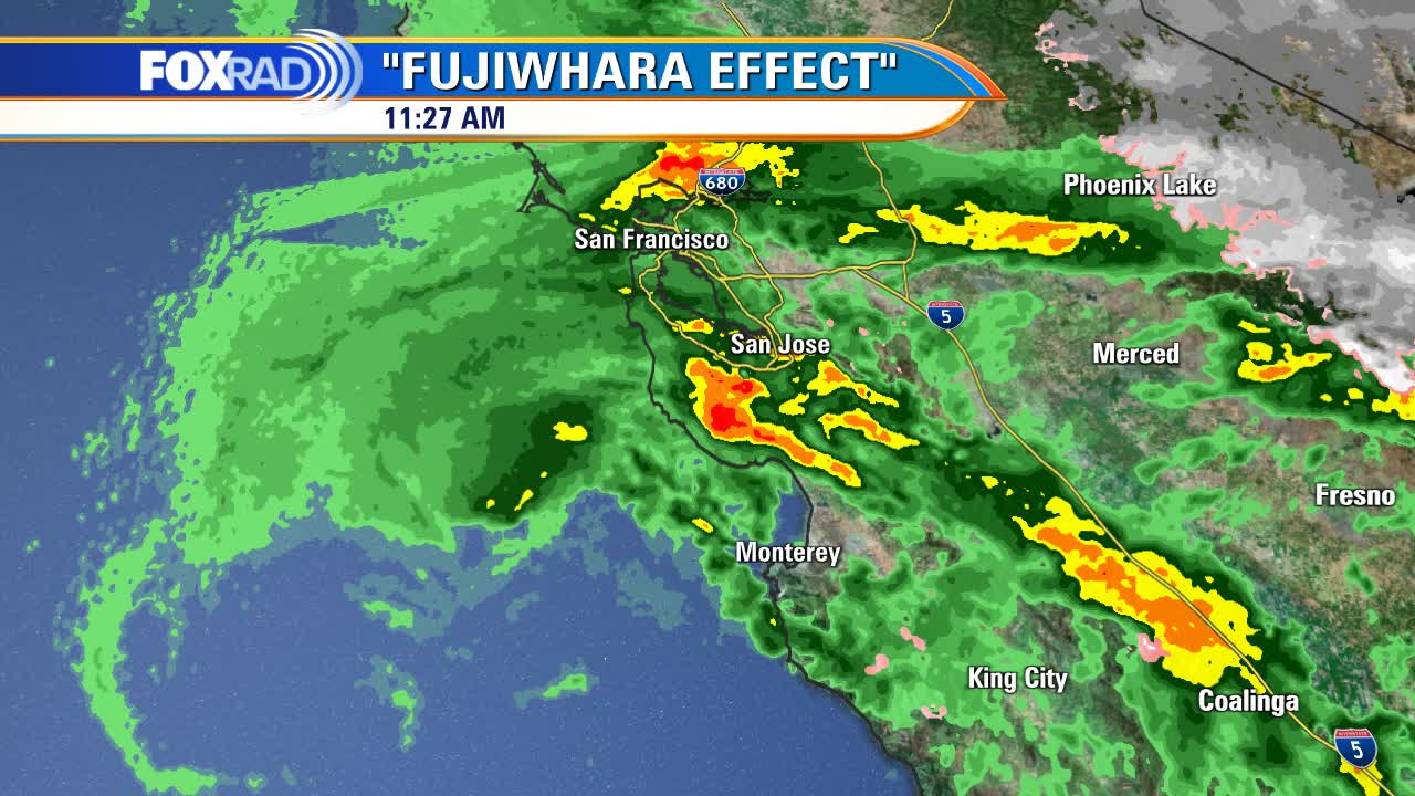 Powerful storm system hitting California causes Fujiwhara Effect