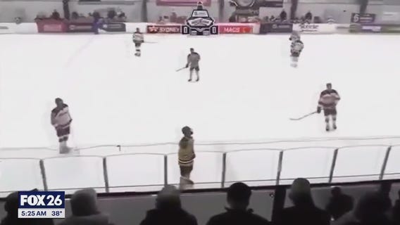High School hockey announcer's had a close call