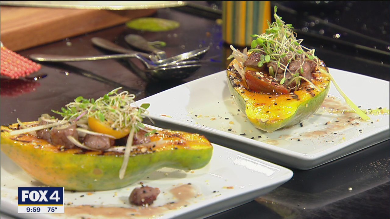 Grilled papaya and seared beef tenderloin