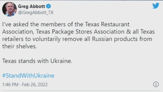 Gov. Abbott calls on Texas retailers to remove Russian products from shelves