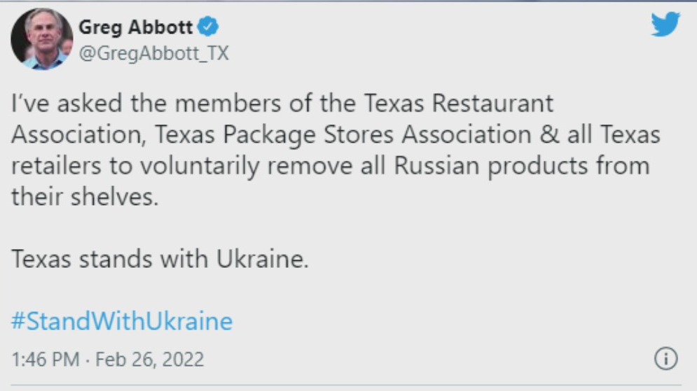 Gov. Abbott calls on Texas retailers to remove Russian products from shelves