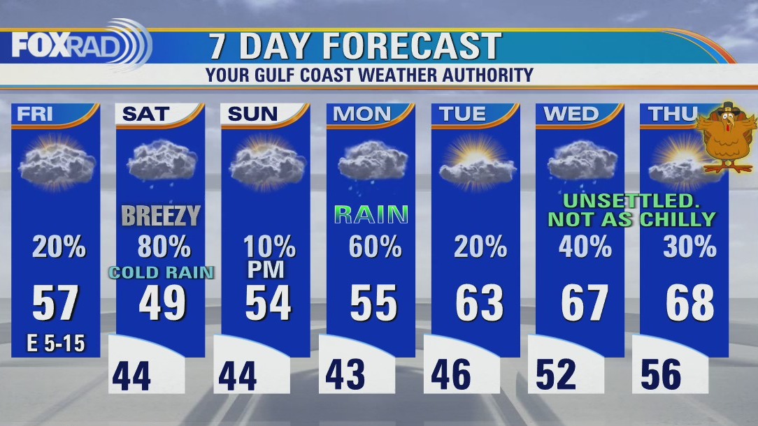 Mostly cloudy & cool Friday with a few showers possible
