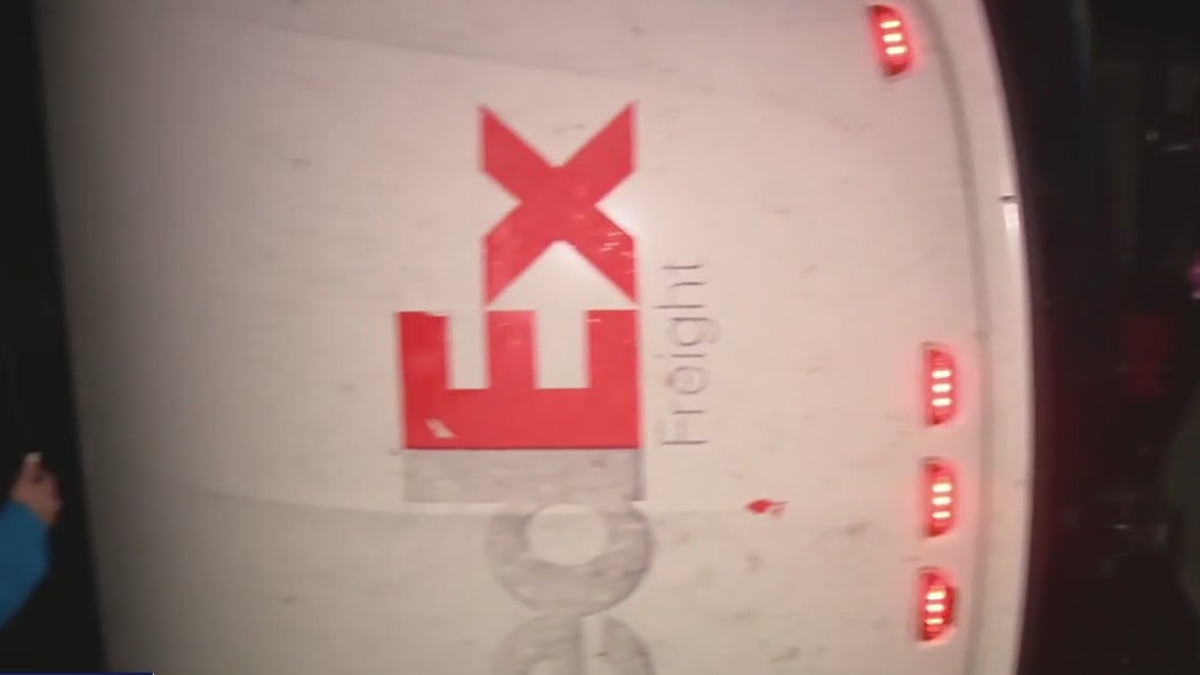 FedEx truck flips on side after severe storms