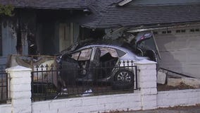 Power lines down after fiery car crash into Covina home